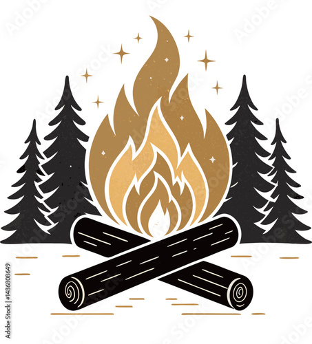 A warm campfire surrounded by tall evergreen trees, radiating a cozy glow.
