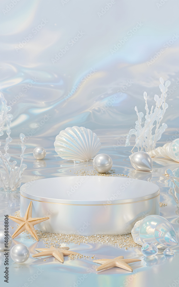 Fototapeta premium Seashells and Pearls bubbles product display podium, Cosmetic field scene