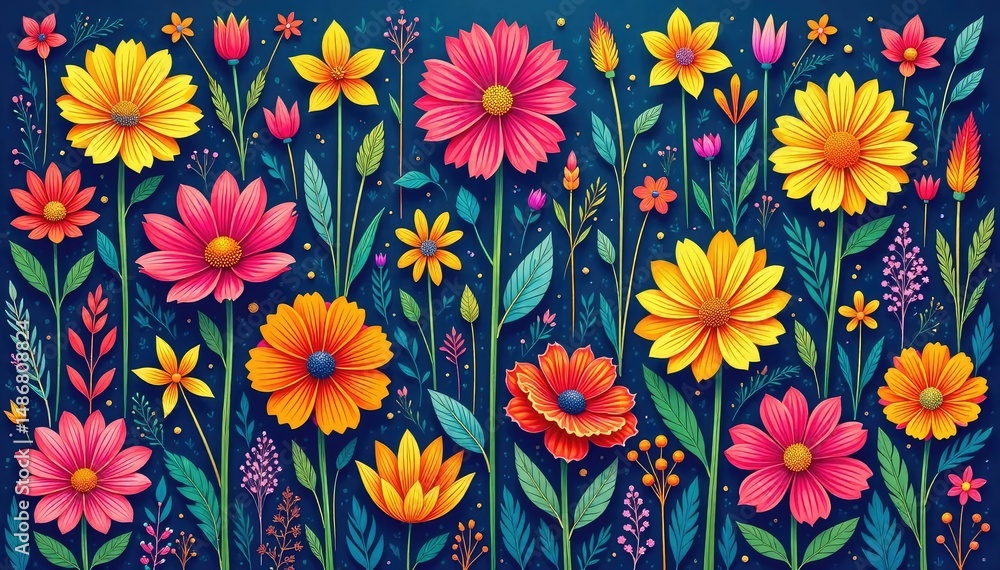 Intricate line art wildflowers, vibrant color palette, repeating design , graphics, pattern, seamless background Intricate line art wildflowers, vibrant color palette, repeating design , graphics, pattern, seamless background