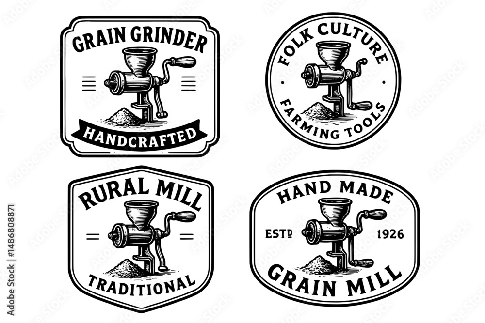 Obraz premium Vintage engraved logo collection featuring handcrafted grain grinders and traditional farming tools in various designs