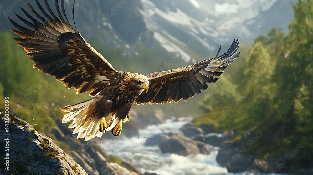 Fototapeta premium Eagle soaring over mountain landscape