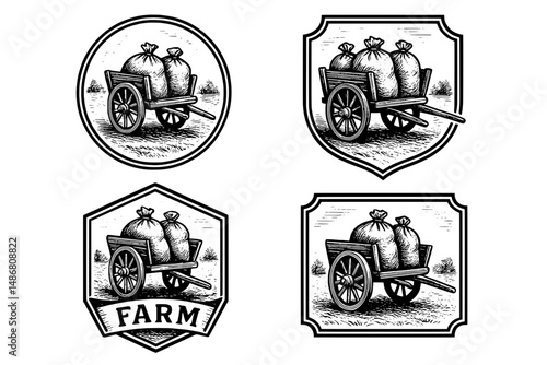 Vintage engravings of farm cart designs featuring sacks, perfect for a rustic collection of agricultural emblems