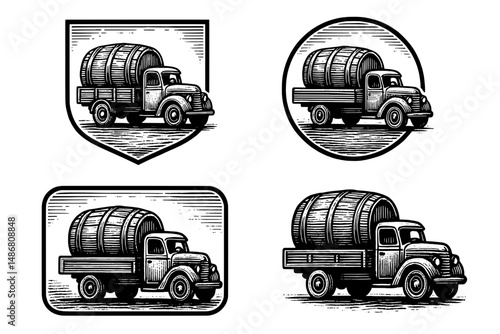 Vintage engraved logo collection featuring classic trucks transporting barrels in unique designs