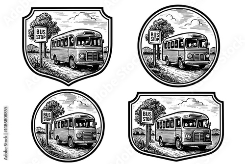 Vintage bus stop logo design featuring an engraved illustration of a classic bus, perfect for retro-themed collections and designs
