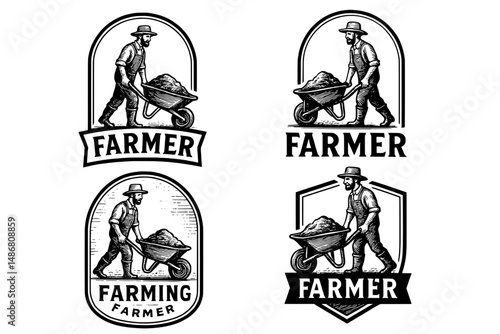 A unique collection of vintage-style emblems featuring an illustrated farmer pushing a wheelbarrow