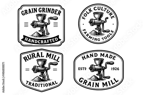 Vintage engraved logo collection featuring handcrafted grain grinders and traditional farming tools in various designs
