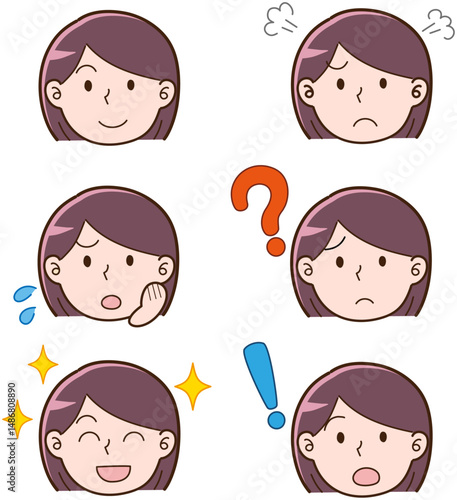 シンプルな手描き風の女性の表情アイコンセット
