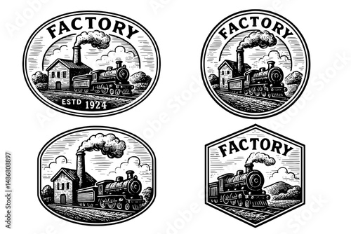 Vintage engraved factory emblems showcasing steam locomotives and industrial heritage from the early 20th century