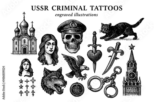 Explore the intricate art of vintage engravings showcasing notable symbols and designs from criminal tattoos in a historical context