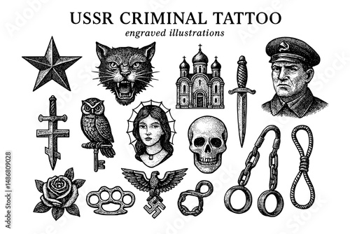 Vintage engraved illustrations showcasing USSR criminal tattoo designs featuring various symbols of rebellion and history