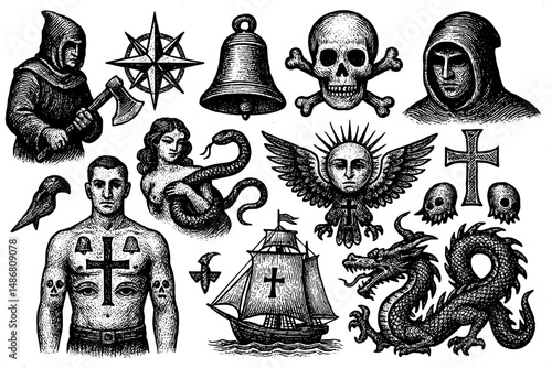 Explore the rich tapestry of vintage designs featuring iconic symbols of adventure and the sea in an artistic engraving style