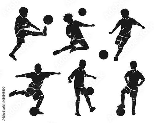 silhouette kid playing football collection set on white background