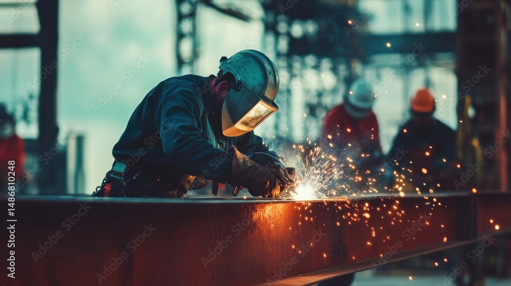 Welder at work, sparks fly, industrial setting, construction Welder at work, sparks fly, industrial setting, construction