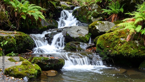 Serene Waterfall Cascading Through Mossy Rocks in Lush Forest