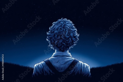 Night Sky  Man Gazing at Stars  Mysterious  Dreamy  Serene  Cosmic Wonder  Celestial  Enig
