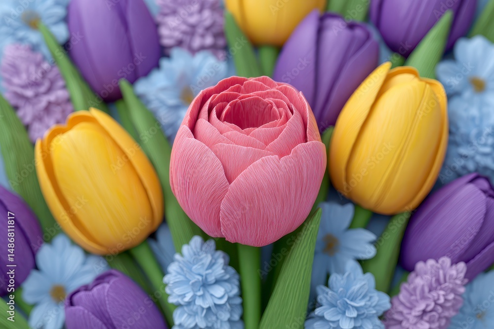 Fototapeta premium Spring Flowers Bouquet Tulips Hyacinths Daisies Close up Shot