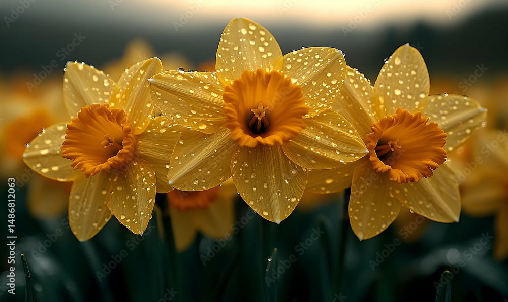Fototapeta premium Vibrant yellow daffodils with water droplets close up