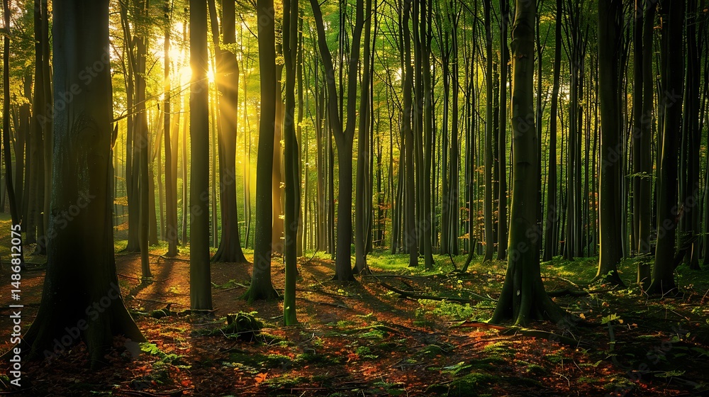 Obraz premium Sunlit Forest Interior With Tall Trees Golden Light And Autumnal Leaves