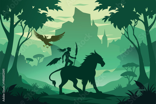 Mythical Creatures, Legendary Journey: Silhouette of Centaur and Griffin Venturing to Distant Lands