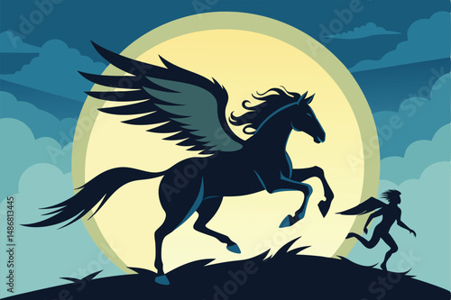 Epic Race of Centaur and Pegasus Silhouettes Against the Sky