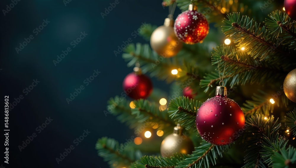 A beautifully decorated Christmas tree with ornaments and twinkling lights , cozy, happy A beautifully decorated Christmas tree with ornaments and twinkling lights , cozy, happy