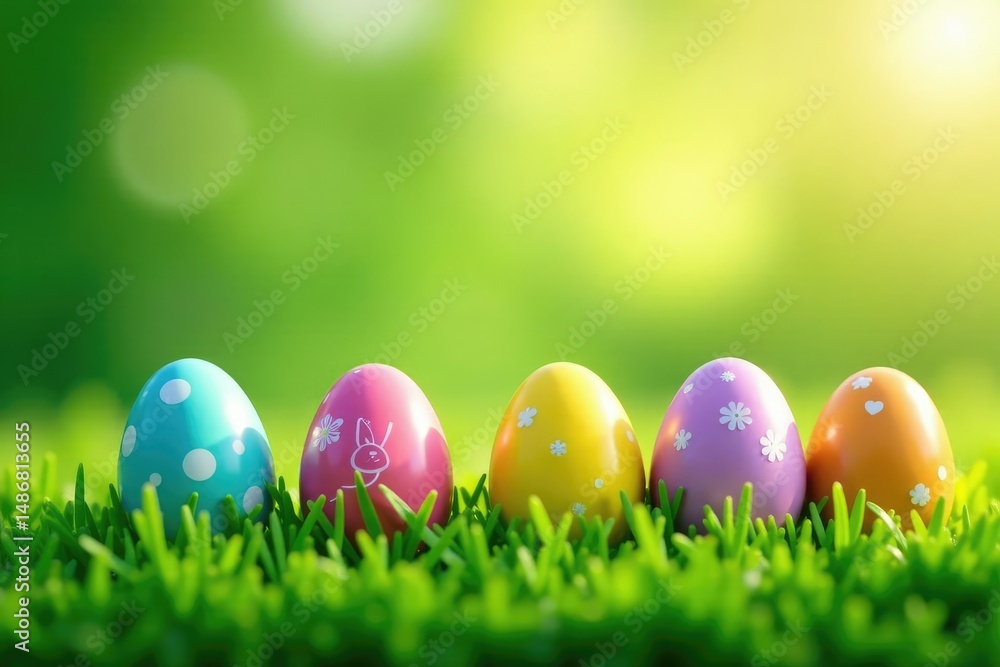 Decorated eggs on a green grass background with a hidden bunny silhouette, meadow, purple Decorated eggs on a green grass background with a hidden bunny silhouette, meadow, purple