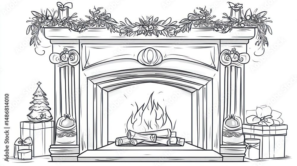 Fototapeta premium Christmas Fireplace Illustration, Festive Decor, Elegant Mantelpiece