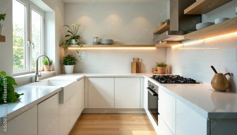 A clean and bright kitchen, showcasing sparkling countertops and appliances, ready for the day , light, homemaking, organized A clean and bright kitchen, showcasing sparkling countertops and appliances, ready for the day , light, homemaking, organized