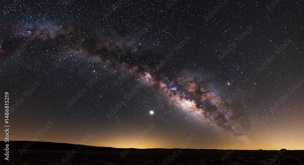 Fototapeta premium Majestic Milky Way Galaxy Over Dark Landscape A Night Sky Panorama Showcasing a Dazzling Display of Stars Nebulae and Cosmic Dust Perfect for Illustrating Astronomy Science
