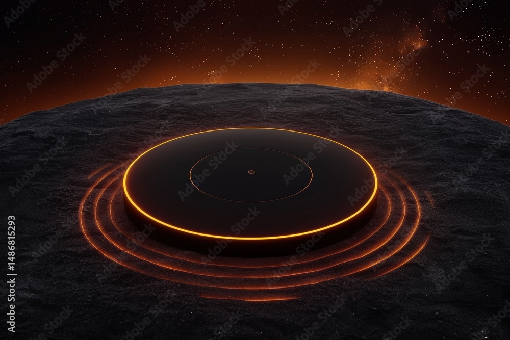 Fototapeta premium A glowing circular object rests on a dark, textured surface with radiant orange rings, set against a cosmic background.