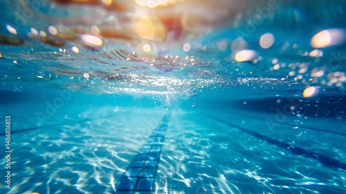 Underwater Perspective of Swimming Pool with Blue Water Sunlight and Bubbles