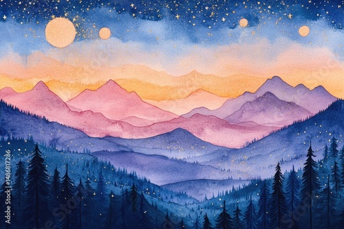 Watercolor mountain landscape under a starry night sky with planets