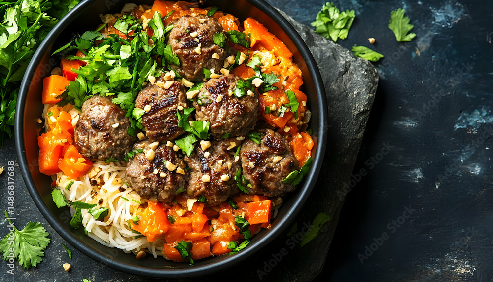 Savory meatballs with sweet potato and noodles overhead food photography Savory meatballs with sweet potato and noodles overhead food photography
