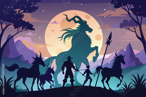 Silhouette of a Mythical Centaur Guiding a Procession of Magic Beings