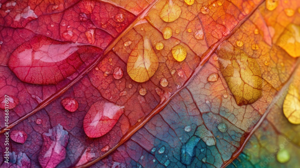 Fototapeta premium Vibrant multicolored leaf surface with water droplets.