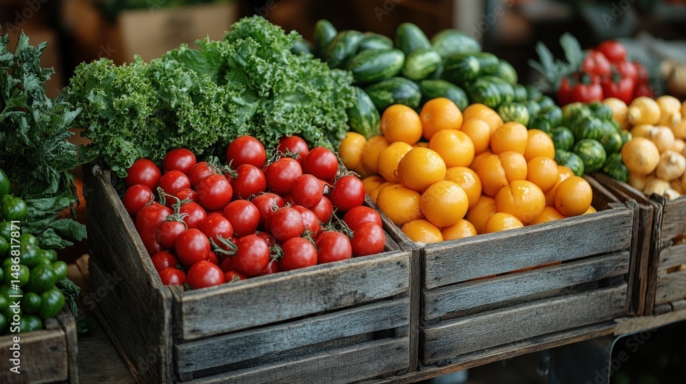 Vibrant Farmers Market Produce: Fresh Tomatoes, Oranges, Cucumbers, and Kale Vibrant Farmers Market Produce: Fresh Tomatoes, Oranges, Cucumbers, and Kale