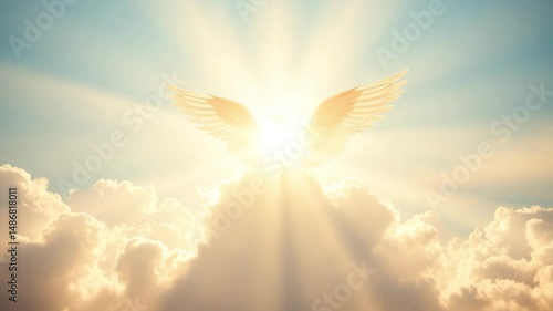 Guardian angel in the clouds of heaven Spiritual background Archangel Heavenly angelic spirit with wings White angel Belief Afterlife Spiritual Angel Blessing Sky clouds with bright light ray