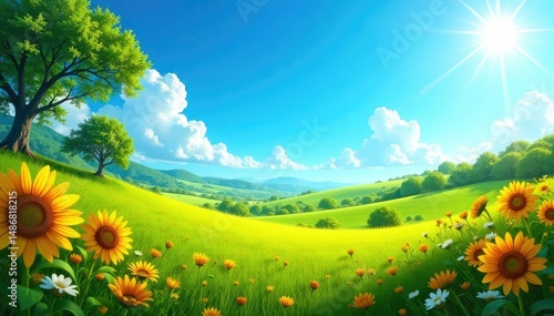 Bright, sunny landscape with clear blue sky and vibrant natural elements , scenic, serenity, breathtaking
