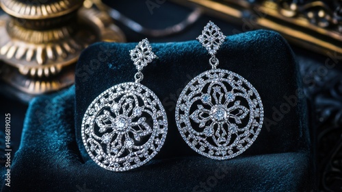 Intricate diamond earrings circular design dark velvet background