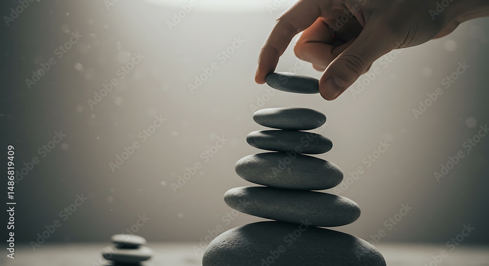 Obraz premium hands compile a stack of smooth zen stones balanced on each other with a soft shadow realistic 
