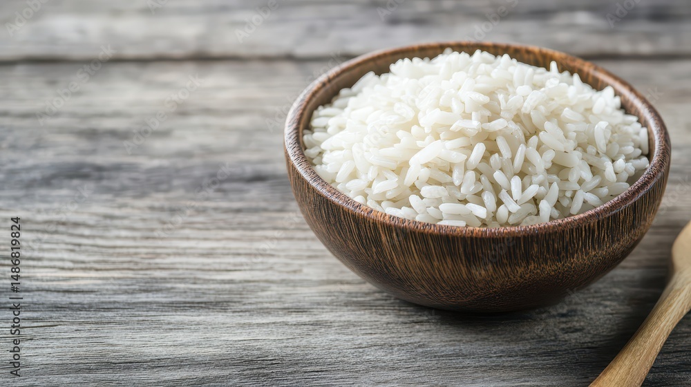 White rice in wooden bowl on rustic table White rice in wooden bowl on rustic table
