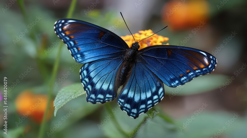 Fototapeta premium Bright blue butterfly perched delicately on vibrant orange flower with lush green foliage in the background, showcasing nature's intricate beauty and color contrast
