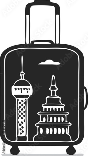Stylish black suitcase featuring iconic skyline illustrations.