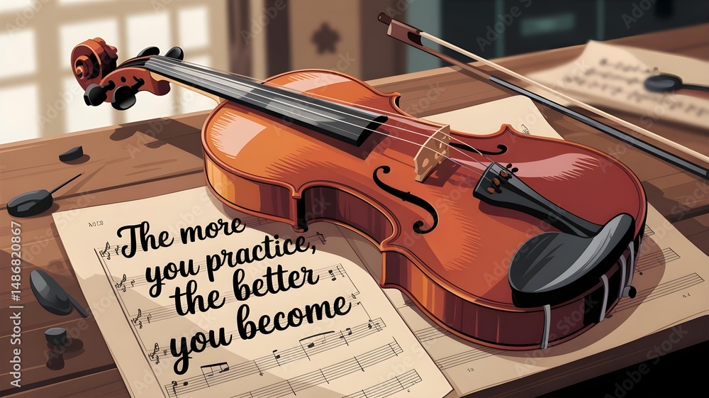 Fototapeta premium Violin with Motivational Quote – Practice Makes Perfect Music Concept