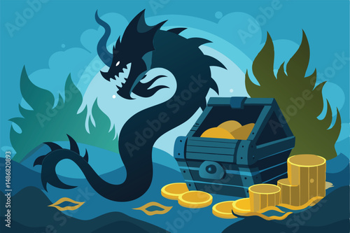 Silhouette of a Majestic Dragon Coiling Defensively Around Its Treasure Chest
