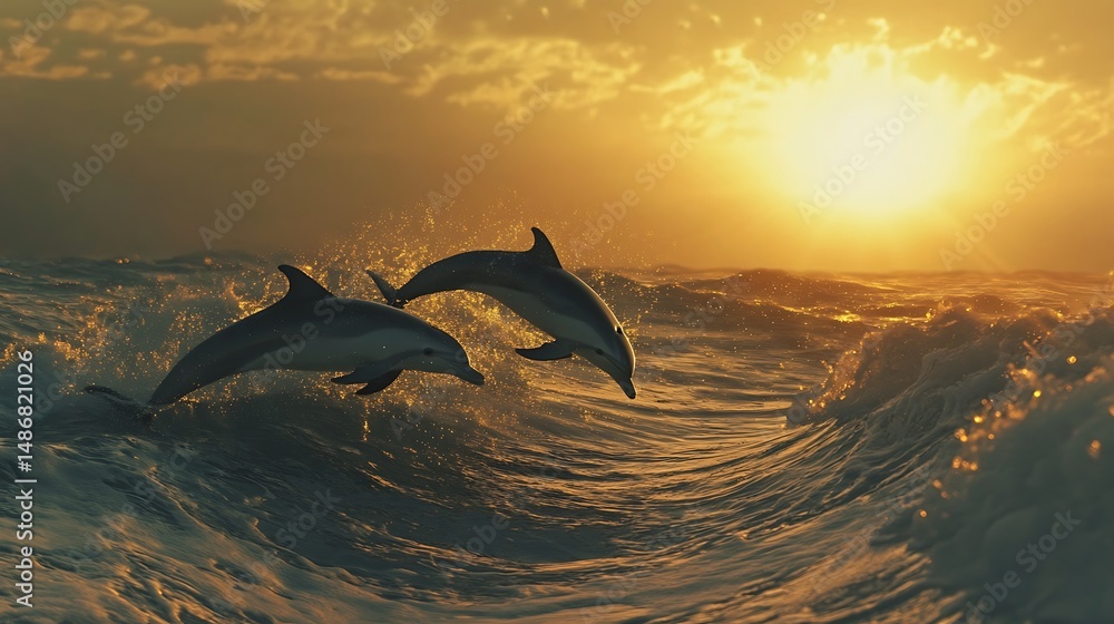 Fototapeta premium Dolphins leap at sunset