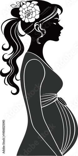 Pregnant woman silhouette with floral accents and flowing hair.