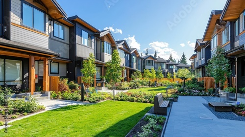 Modern row homes with a landscaped courtyard on a sunny day