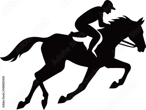 Silhouette of a jockey riding a galloping horse.