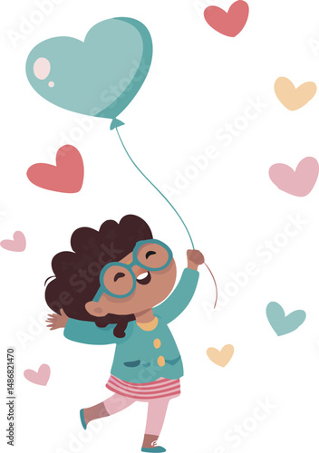 Happy girl with curly hair and glasses holding a heart-shaped balloon.